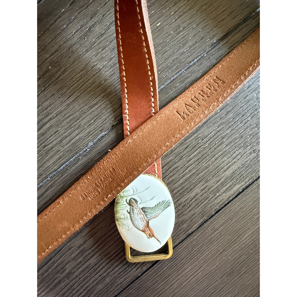 Lauren Ralph Lauren VTG M/32-34 Leather Pheasant Porcelain Brass Buckle Belt - Picture 2 of 8